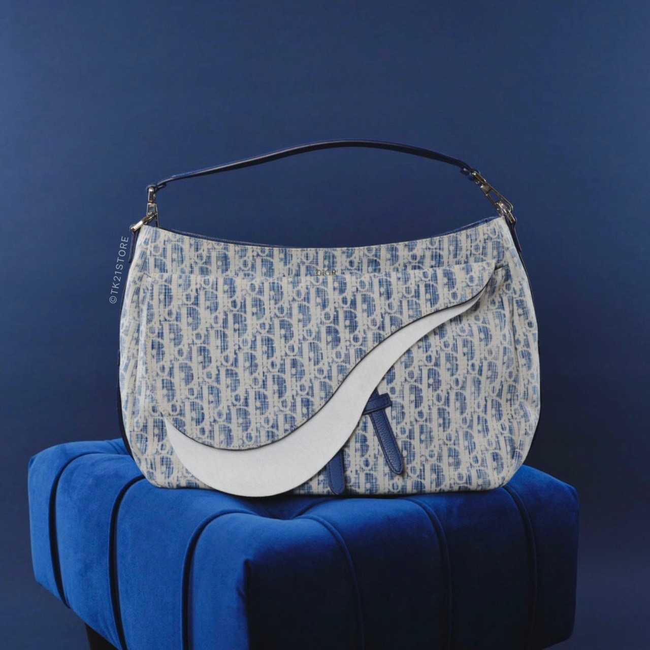 Christian Dior Vintage Blue Monogram Canvas Mini Saddle Bag