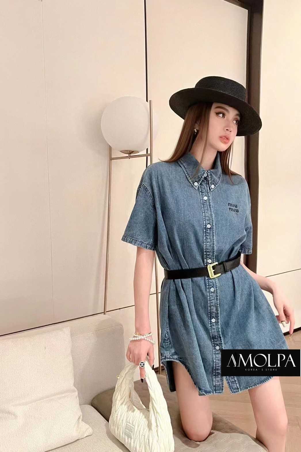 DRESS MIU MIU DENIM WITH BELT LINE SHOPPING