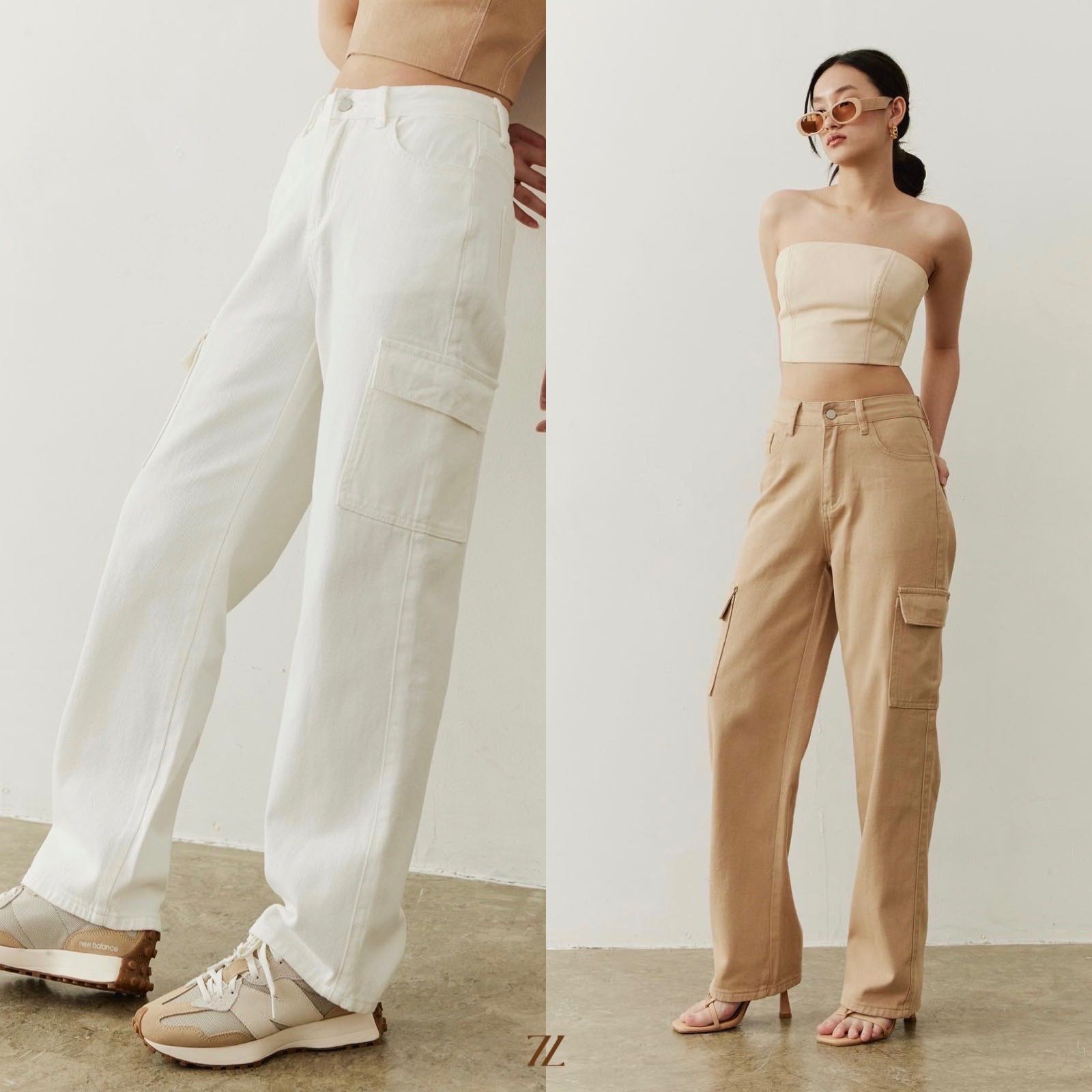 Cream Wide Leg High Waisted Cargo Pants, Pants