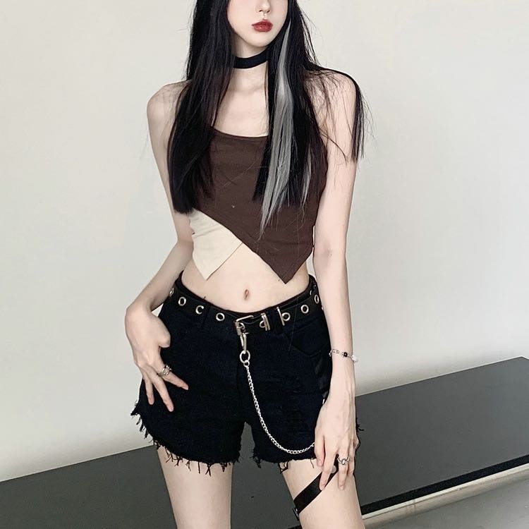 พร้อมส่ง🖤[D6]เสื้อน้ำตาล+กางเกงขาสั้นยีนส์รัดขา(ขายแยก) | Line Shopping