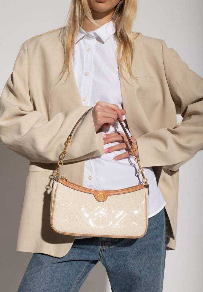 Tory Burch T Monogram Embossed Patent Leather Shoulder Bag Cream