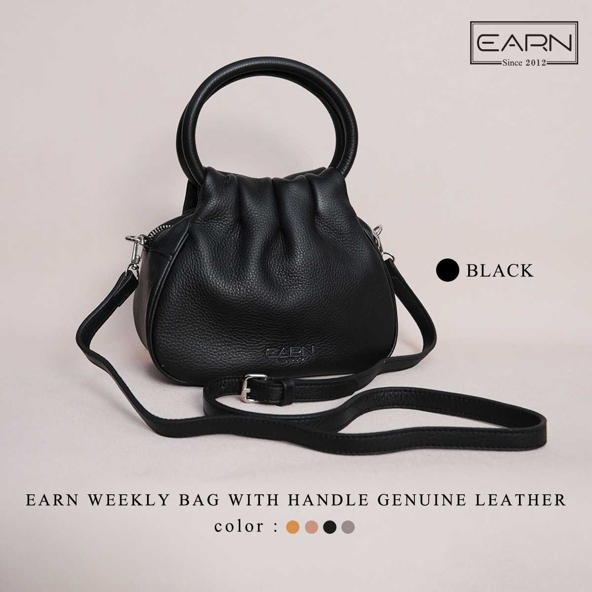EARN WEEKLY BAG WITH HANDLE GENUINE LEATHER BLACK | LINE SHOPPING