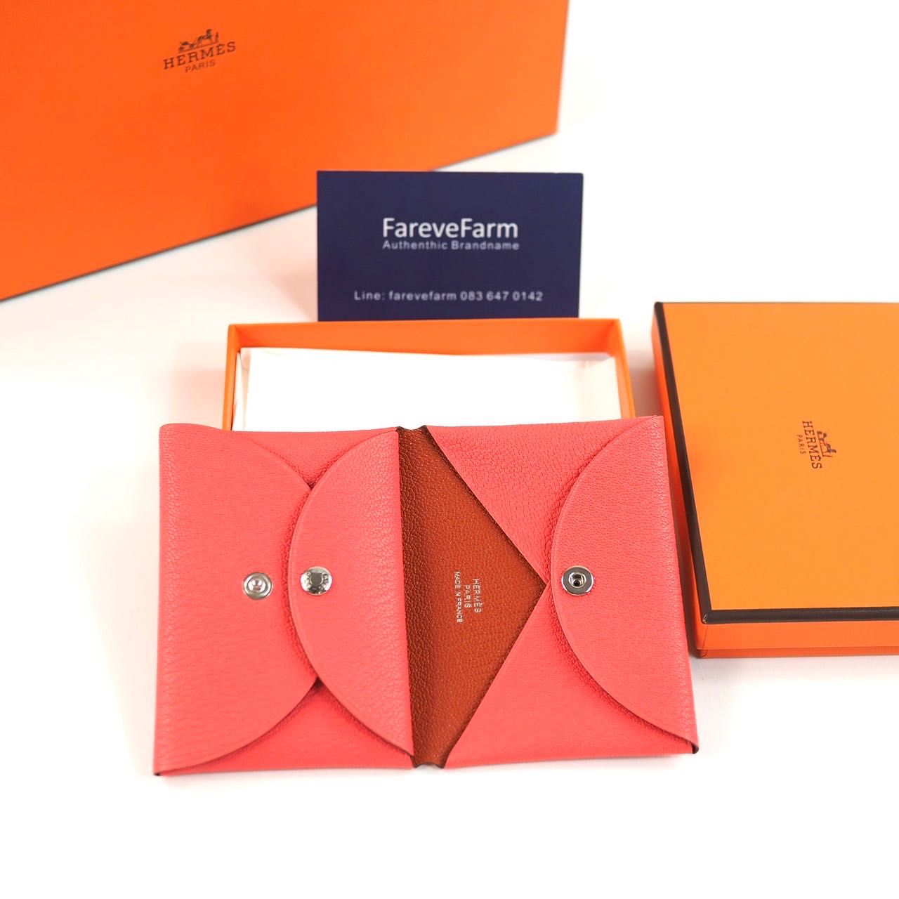 Hermes Calvi DUO Card Holder - Rose Texas / Cuivre Mysore Goat BNIB