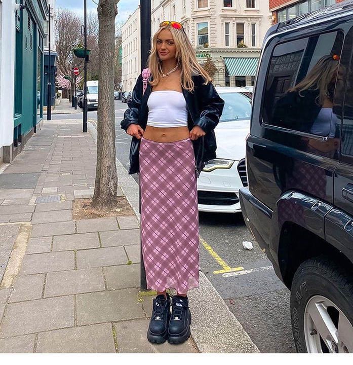 Solid color slim fitting high waisted plaid skirt LINE SHOPPING