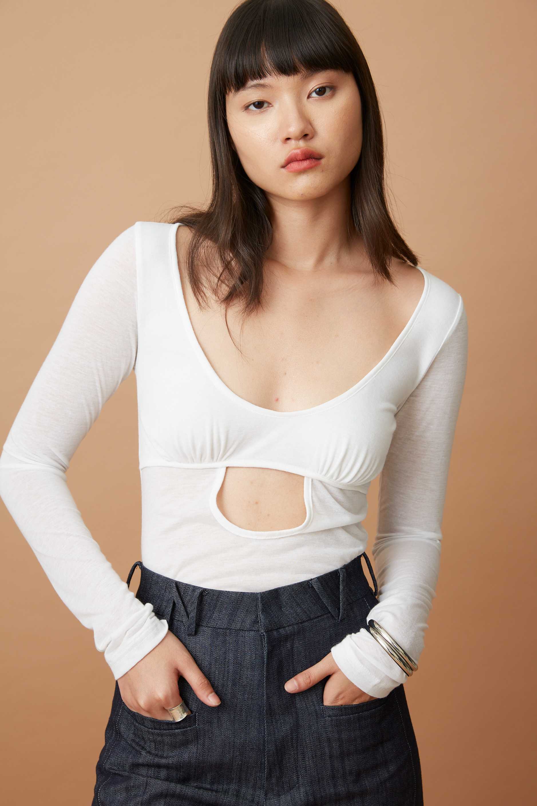 Semi sheer long sleeve top outlet