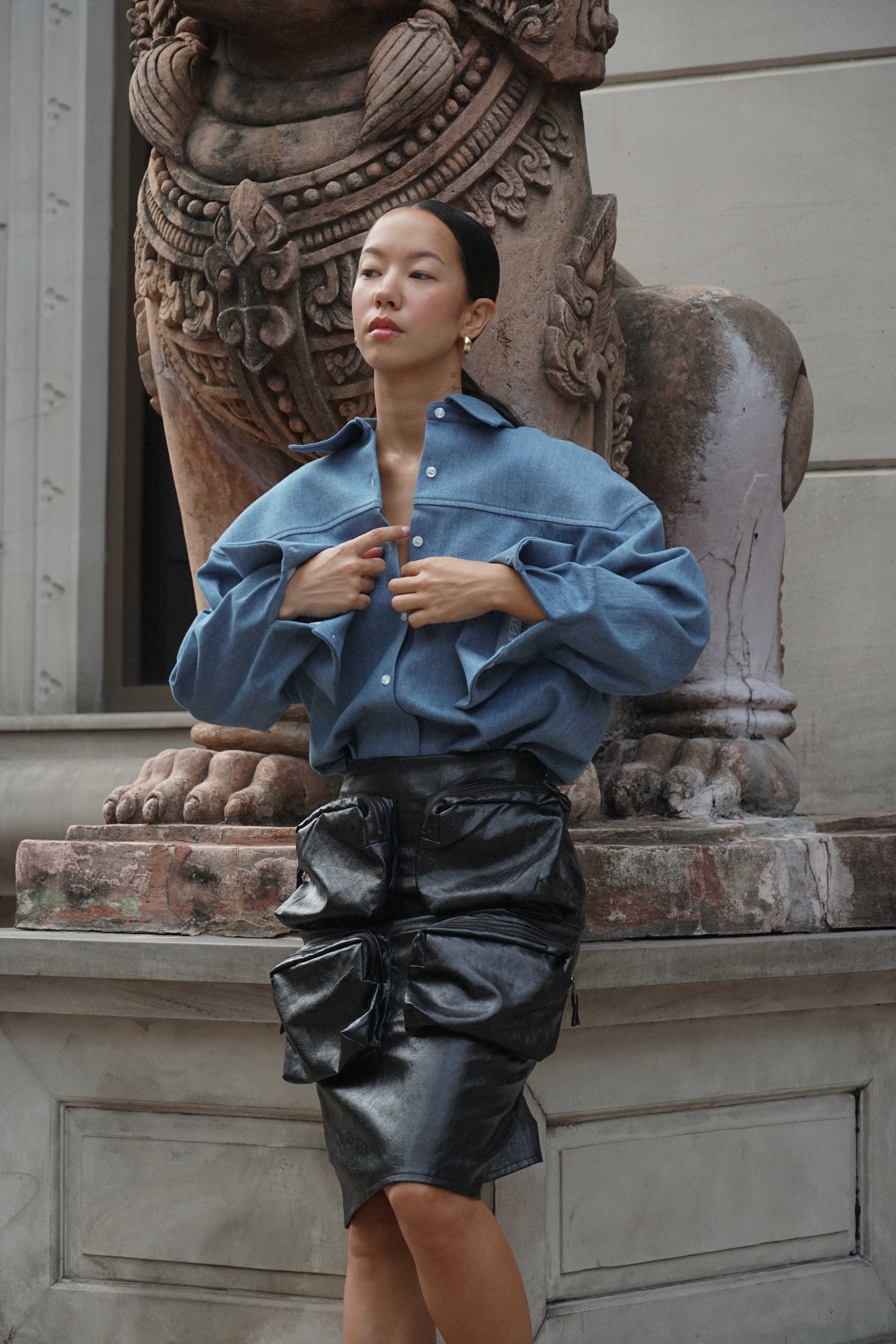 Black leather midi skirt with pockets discount