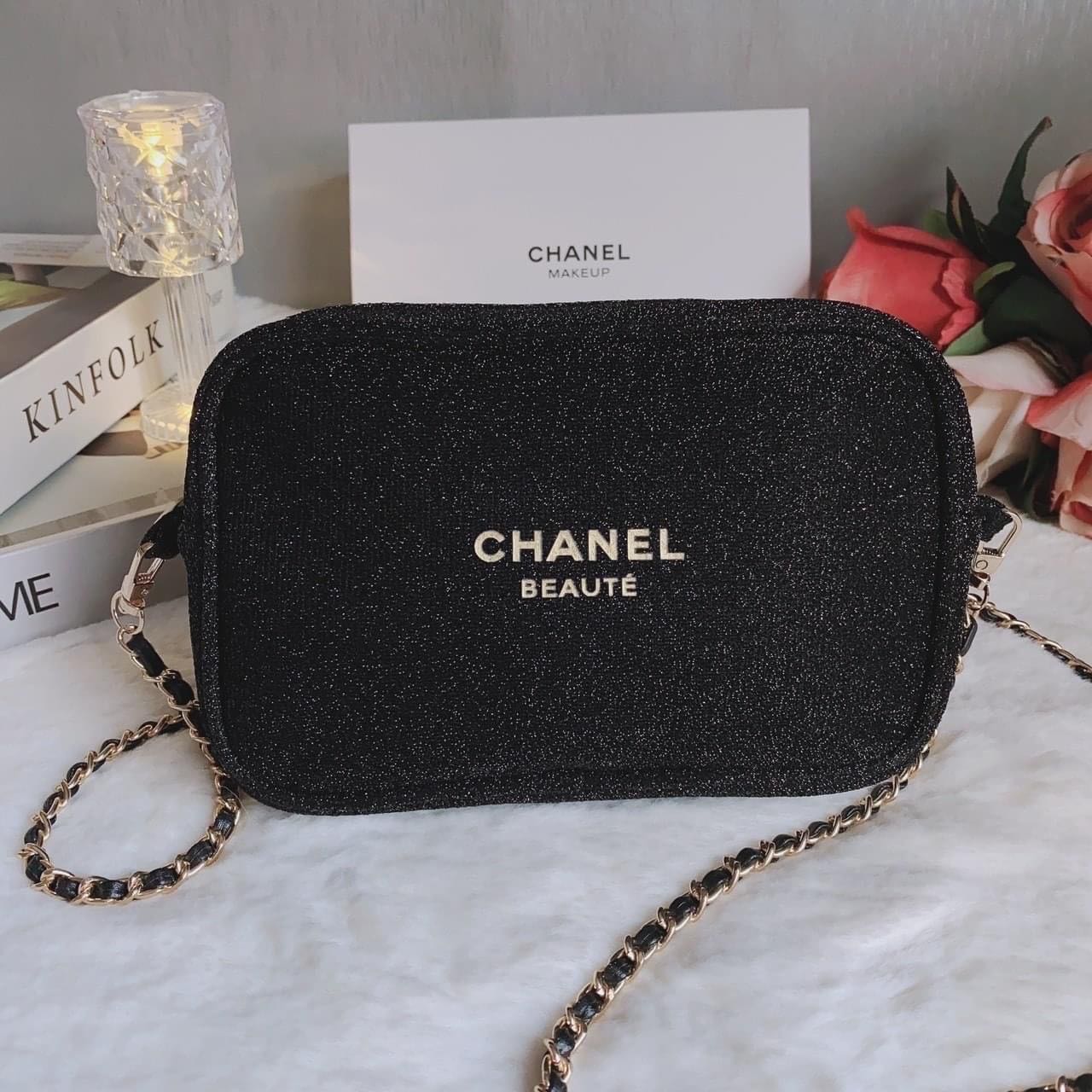 CHANEL, Bags, Chanelbeaute Black With Gold Glitter Cross Body Or Makeup  Bag New In Box