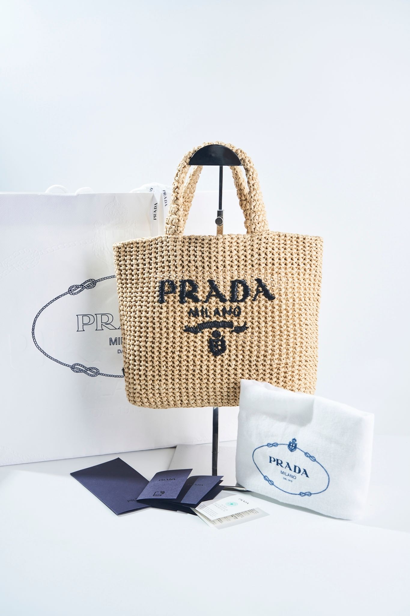 Prada Logo-Embroidered Raffia Tote Bag