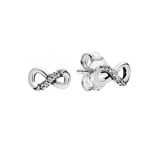 Infinity sterling silver stud earrings with clear cubic zirconia