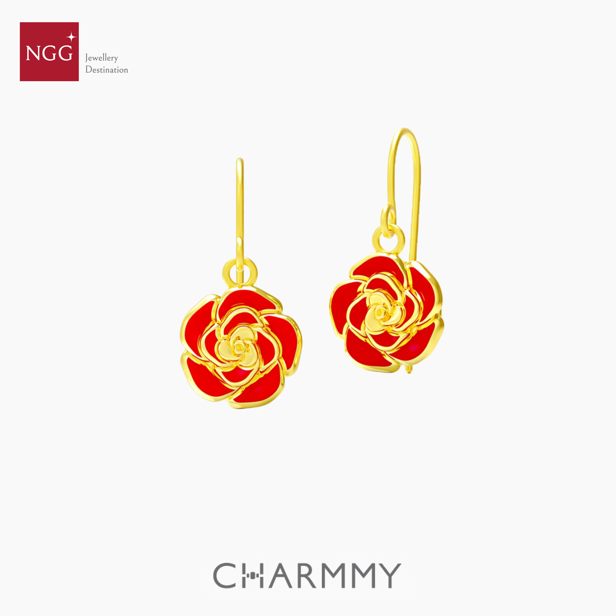 NGG Jewellery ต่างหูทอง 999 Rosella Kissed Rose Earring ดอกกุหลาบ