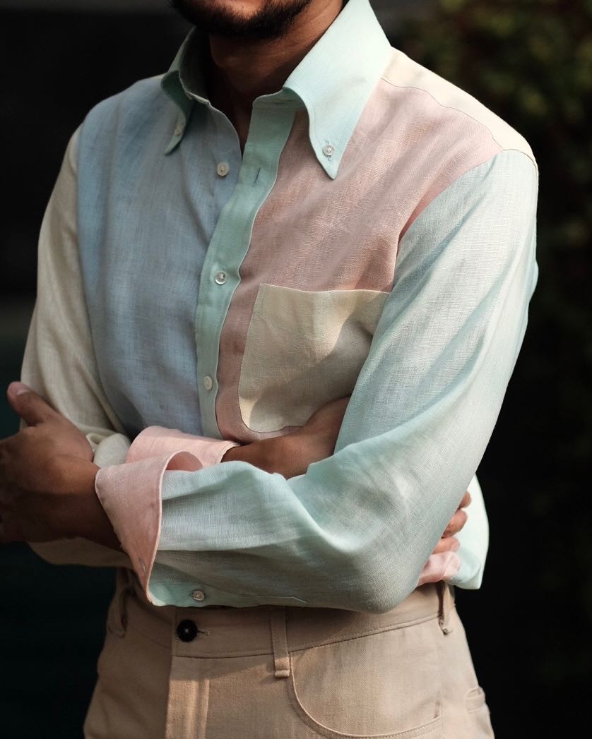 pastel linen button-down collar long sleeve shirt