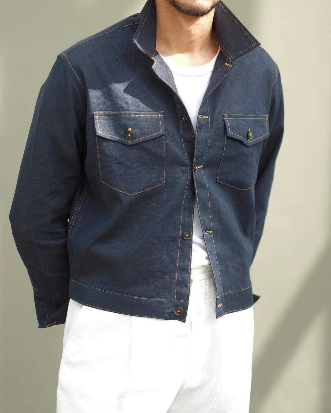 navy linen trucker jacket