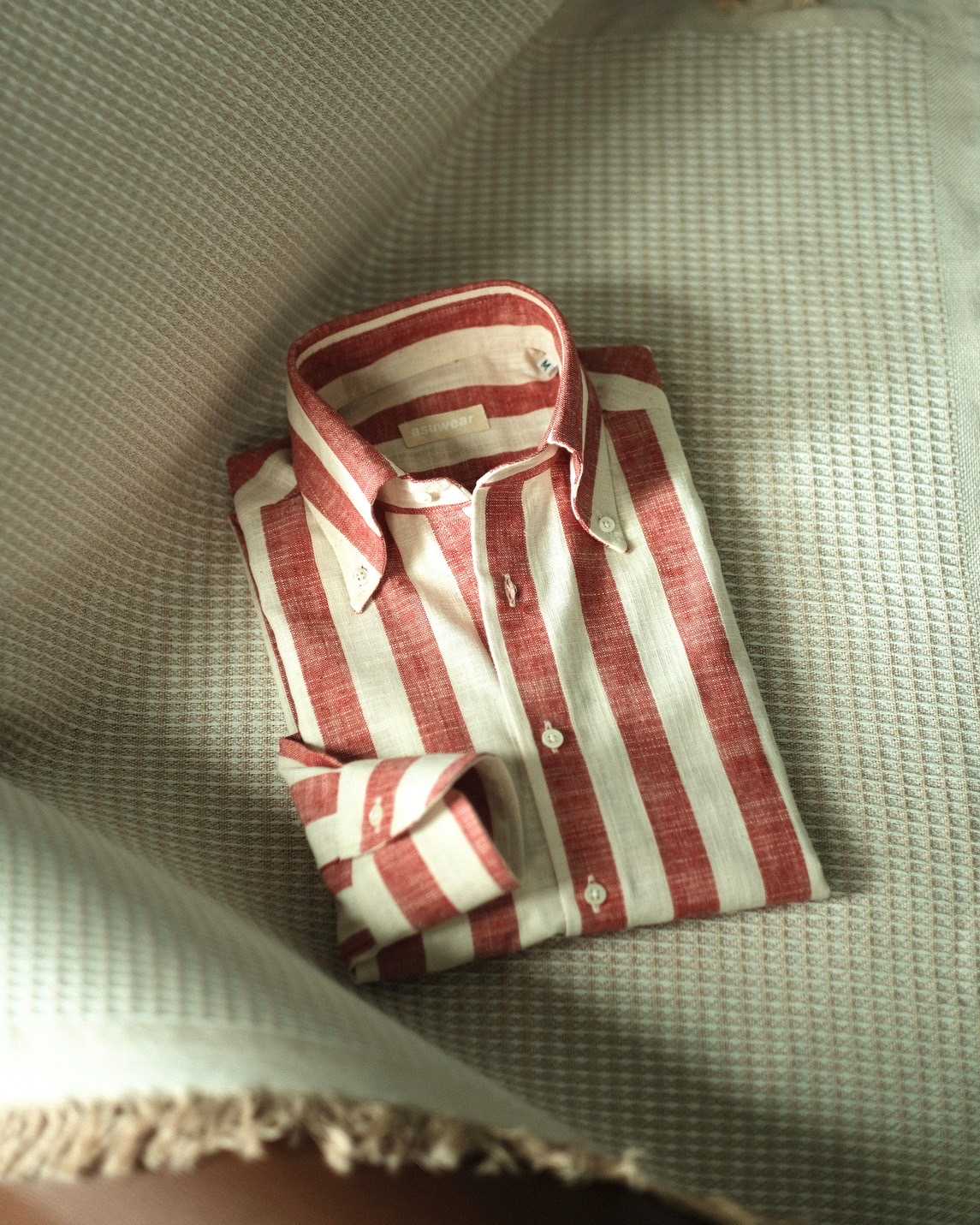 red-off white striped linen button-down collar long sleeve shirt