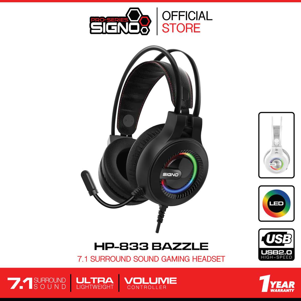 SIGNO 7.1 Surround Sound Gaming Headphone BAZZLE รุ่น HP-833 (Black)/(White) (หูฟัง เกมส์มิ่ง)