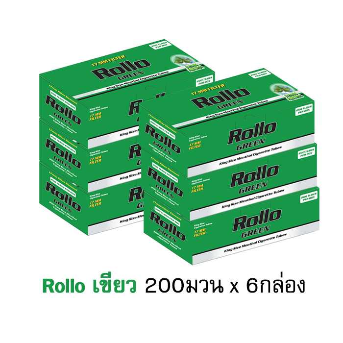 Rollo Green 200 กระดาษมวนแบบหลอดพร้อมก้นกรอง มวนเย็น สีเขียว 200มวน (6กล่อง)