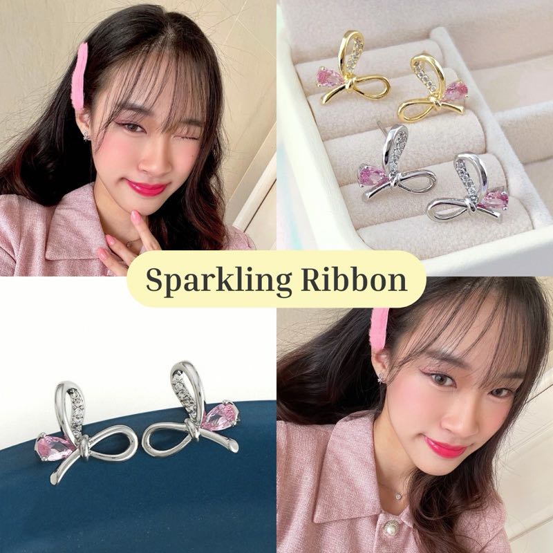 🎀Sparkling Ribbon 🎀 ต่างหูรูปโบว์ สไตล์เกาหลี  ต่างหูเพชรใส่ออกงาน nood.bkk